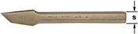 A bronze metal groove chisel with a pointed, flat tip and a hexagonal shaft is marked with "AMPCO 4-1050 ALBR USA." The shaft diameter is indicated by the letter "S" with two arrows pointing toward the letter. The chisel is lying horizontal with the chise